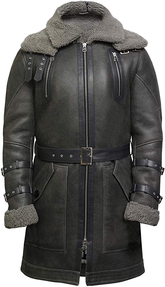 Brandslock Mens Real Shearling Sheepskin Leather Warm Duffle Trench Coat
