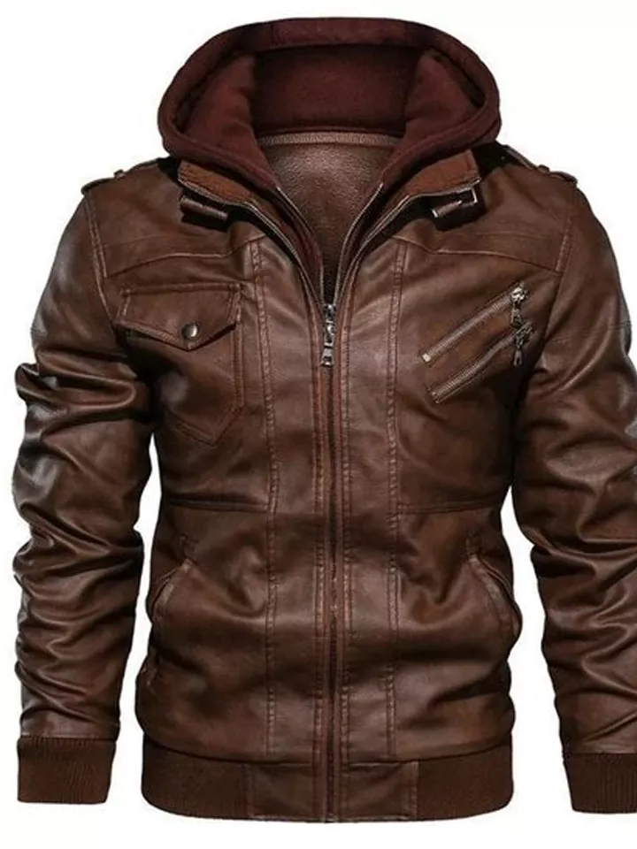 Men's Leather Jackets New Casual Motorcycle Removable Hood Winter PU Zipper Jacket Leather Coats